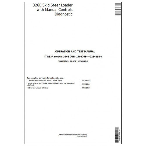 John Deere 326E Skid Steer Loader Pdf Diagnostic, Operation and Tests Service Manual TM13089X19