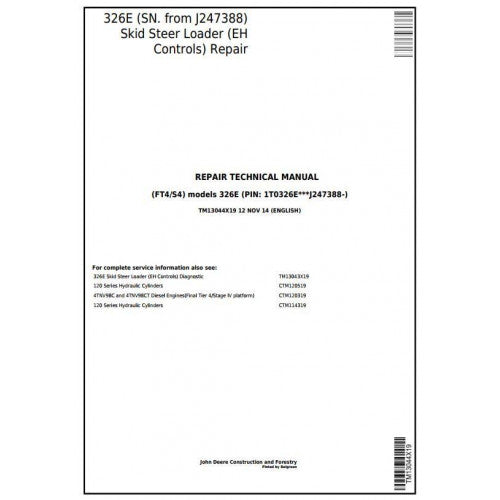 John Deere 326E Skid Steer Loader Pdf Technical Repair Service Manual TM13044X19