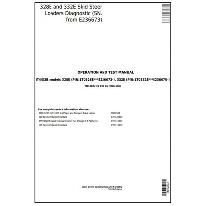 John Deere 328E, 332E Skid Steer Loaders Pdf Diagnostic and Test Service Manual TM12802