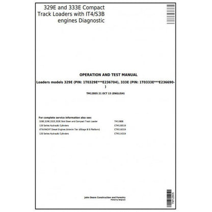 John Deere 329E, 333E Compact Track Loaders Pdf Diagnostic, Operation and Tests Service Manual TM12805