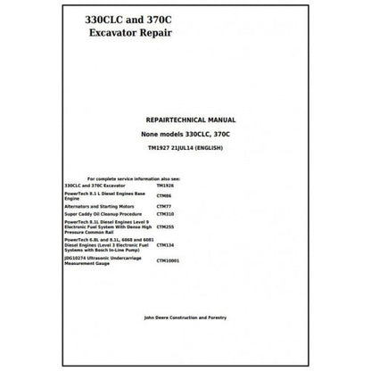 John Deere 330CLC and 370C Excavator Pdf Technical Repair Service Manual TM1927