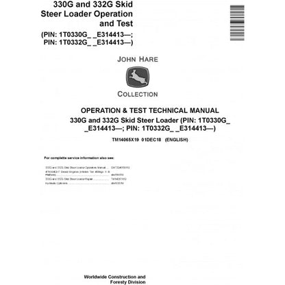John Deere 330G and 332G Skid Steer Loader Pdf Diagnostic, Operation and Tests Service Manual TM14065X19