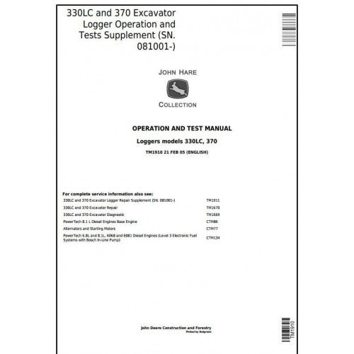 John Deere 330LC, 370 Excavator Logger Pdf Diagnostic, Operation and Tests Service Manual TM1910
