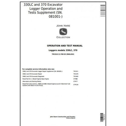 John Deere 330LC, 370 Excavator Logger Pdf Diagnostic, Operation and Tests Service Manual TM1910