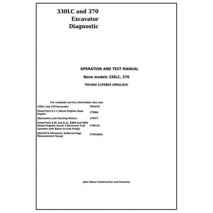 John Deere 330LC and 370 Excavator Pdf Diagnostic, Operation and Tests Service Manual TM1669