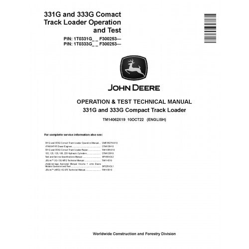 John Deere 331G and 333G Compact Track Loaders Pdf Diagnostic, Operation and Tests Service Manual TM14062X19