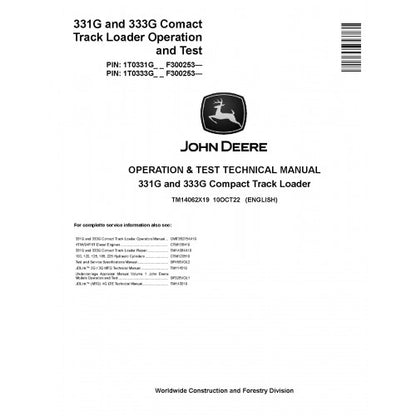 John Deere 331G and 333G Compact Track Loaders Pdf Diagnostic, Operation and Tests Service Manual TM14062X19
