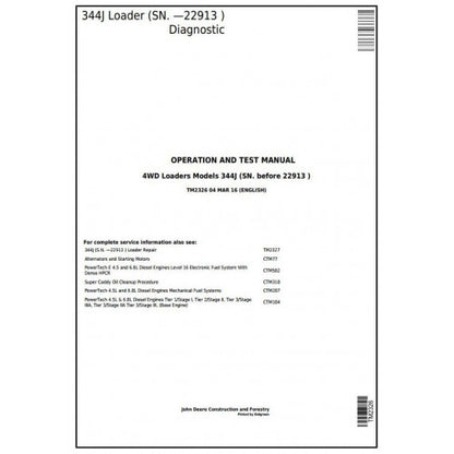 John Deere 344J 4WD Loader Pdf Diagnostic, Operation and Tests Service Manual TM2326