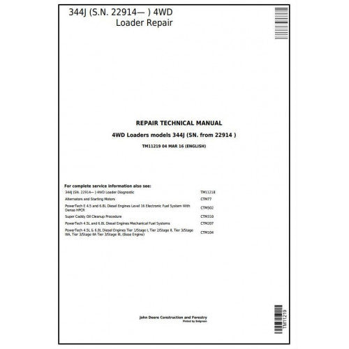 John Deere 344J 4WD Loader Pdf Technical Repair Service Manual TM11219