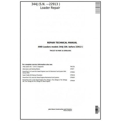 John Deere 344J 4WD Loader Pdf Technical Repair Service Manual TM2327