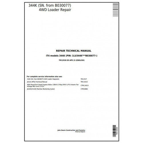 John Deere 344K 4WD Loader Pdf Technical Repair Service Manual TM12930