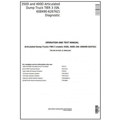 John Deere 350D, 400D Articulated Dump Truck Pdf Diagnostic, Operation and Tests Service Manual TM1198