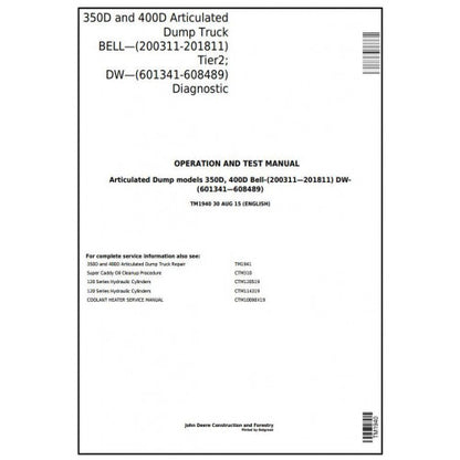 John Deere 350D, 400D Articulated Dump Truck Pdf Diagnostic, Operation and Tests Service Manual TM1940