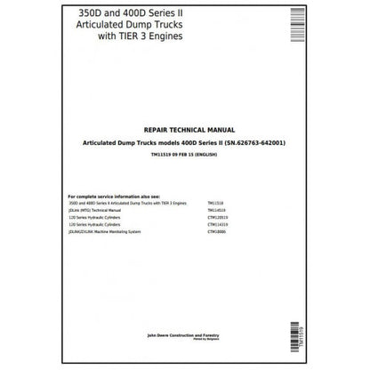 John Deere 350D, 400D Articulated Dump Truck Pdf Technical Repair Manual TM11519