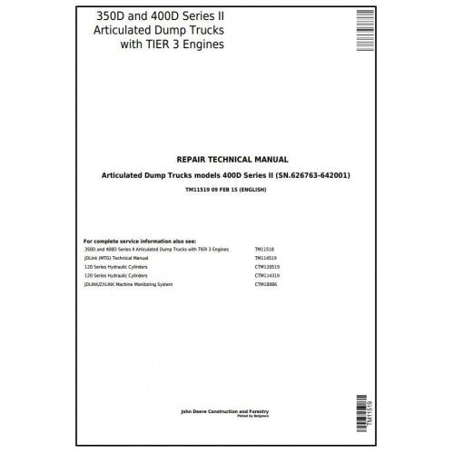 John Deere 350D, 400D Articulated Dump Truck Pdf Technical Repair Manual TM11519