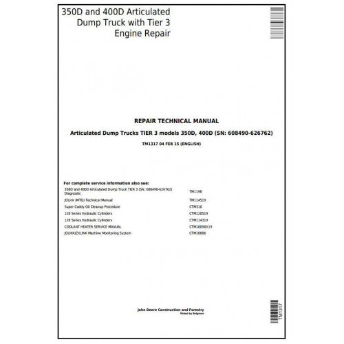 John Deere 350D, 400D Articulated Dump Truck Pdf Technical Repair Manual TM1317
