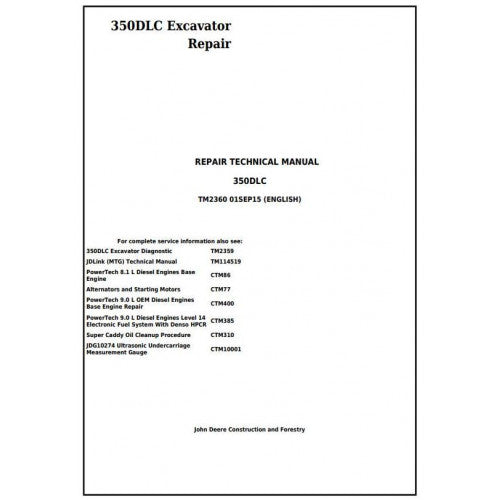John Deere 350DLC Excavator Pdf Technical Repair Service Manual TM2360