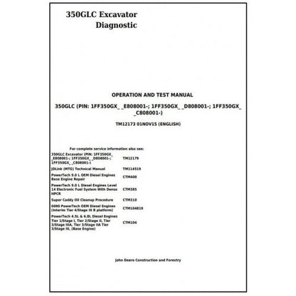 John Deere 350GLC Excavator Pdf Diagnostic, Operation and Tests Service Manual TM12173