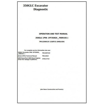 John Deere 350GLC Excavator Pdf Diagnostic, Operation and Tests Service Manual TM13206X19