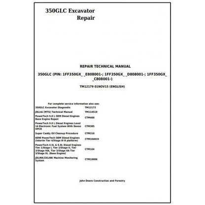 John Deere 350GLC Excavator Pdf Technical Repair Service Manual TM12179