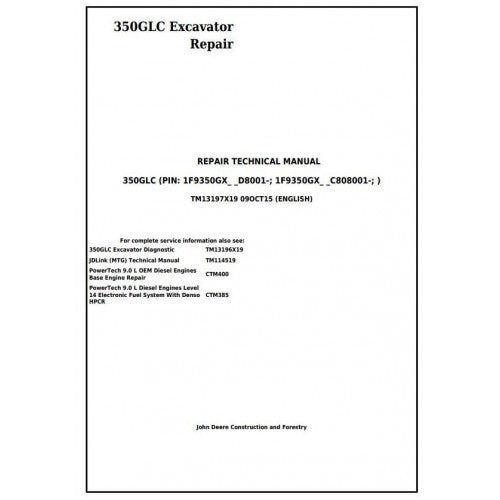John Deere 350GLC Excavator Pdf Technical Repair Service Manual TM13197X19