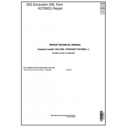 John Deere 35G Compact Excavator Pdf Technical Repair Service Manual TM12894