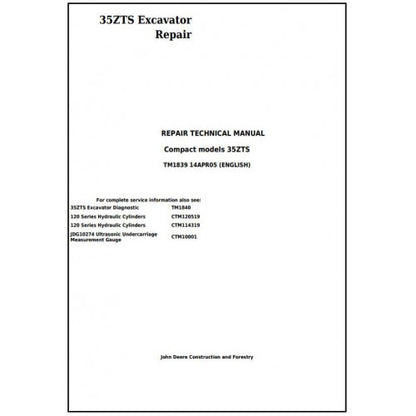 John Deere 35ZTS Compact Excavator Pdf Technical Repair Service Manual TM1839