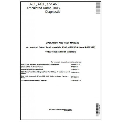 John Deere 370E, 410E, 460E Articulated Dump Truck Pdf Diagnostic, Operation and Tests Service Manual TM13378X19