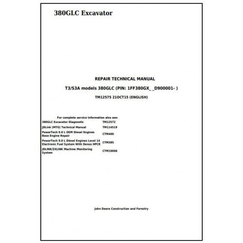 John Deere 380GLC Excavator Pdf Technical Repair Service Manual TM12575