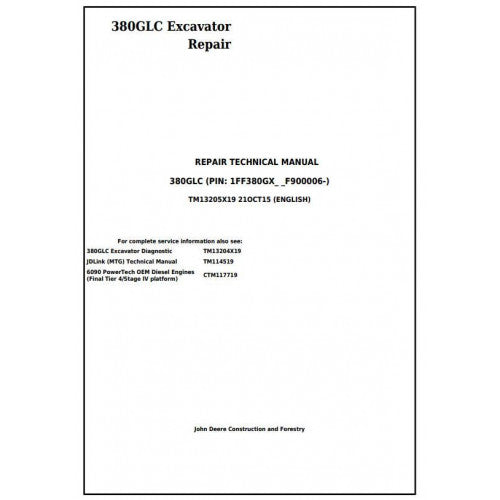 John Deere 380GLC Excavator Pdf Technical Repair Service Manual TM13205X19