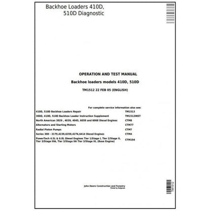 John Deere 410D, 510D Backhoe Loaders Pdf Diagnostic, Operation and Tests Service Manual TM1512