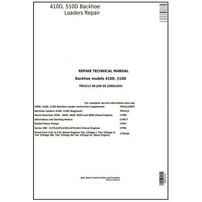 John Deere 410D, 510D Backhoe Loaders Pdf Technical Repair Service Manual TM1513