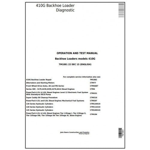 John Deere 410G Backhoe Loader Pdf Diagnostic, Operation and Tests Service Manual TM1881