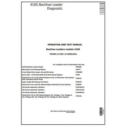 John Deere 410G Backhoe Loader Pdf Diagnostic, Operation and Tests Service Manual TM1881