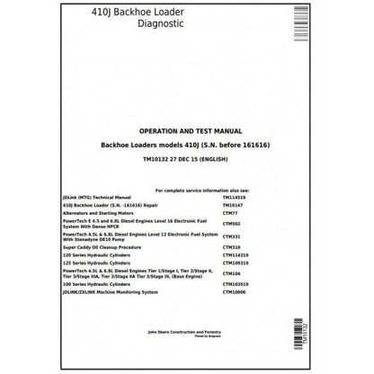 John Deere 410J Backhoe Loader Pdf Diagnostic, Operation and Tests Service Manual TM10132