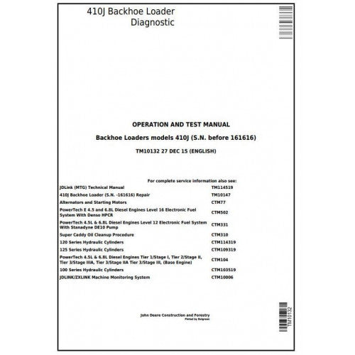 John Deere 410J Backhoe Loader Pdf Diagnostic, Operation and Tests Service Manual TM10132