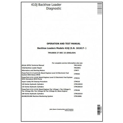 John Deere 410J Backhoe Loader Pdf Diagnostic, Operation and Tests Service Manual TM10850