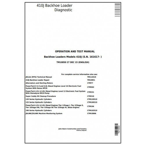 John Deere 410J Backhoe Loader Pdf Diagnostic, Operation and Tests Service Manual TM10850