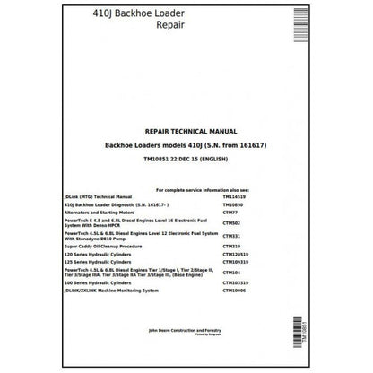 John Deere 410J Backhoe Loader Pdf Technical Repair Service Manual TM10851