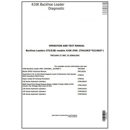 John Deere 410K Backhoe Loader Pdf Diagnostic, Operation and Tests Service Manual TM12493