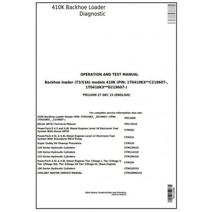 John Deere 410K Backhoe Loader Pdf Diagnostic, Operation and Tests Service Manual TM12499