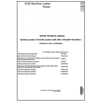 John Deere 410K Backhoe Loader Pdf Technical Repair Service Manual TM12494