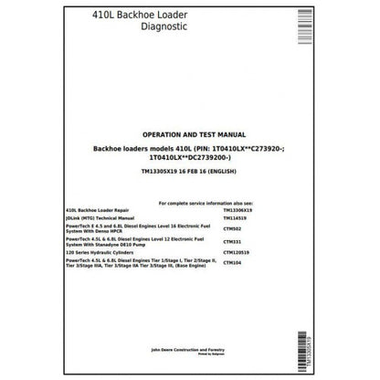 John Deere 410L Backhoe Loader Pdf Diagnostic, Operation and Tests Service Manual TM13305X19