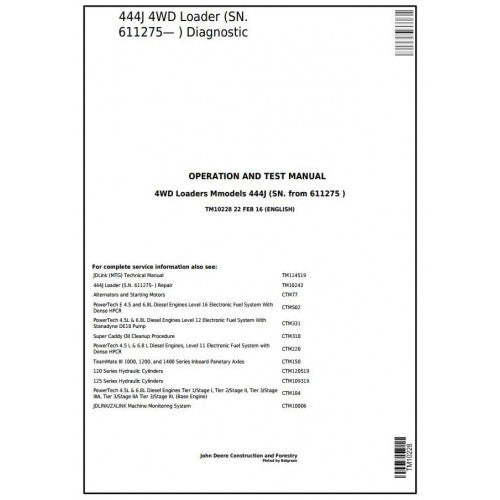 John Deere 444J 4WD Loader Pdf Diagnostic, Operation and Tests Service Manual (TM10228)