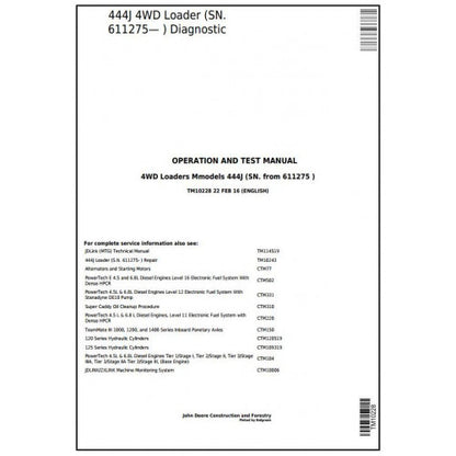 John Deere 444J 4WD Loader Pdf Diagnostic, Operation and Tests Service Manual (TM10228)