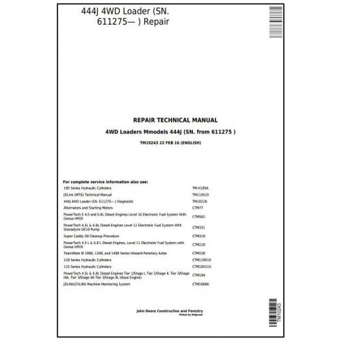 John Deere 444J 4WD Loader Pdf Technical Repair Service Manual TM10243