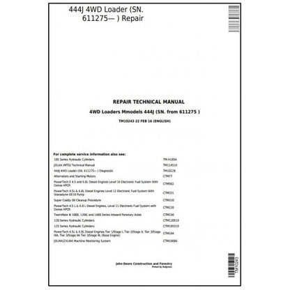 John Deere 444J 4WD Loader Pdf Technical Repair Service Manual TM10243