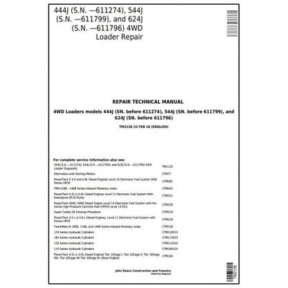John Deere 444J, 544J, 624J 4WD Loader Pdf Technical Repair Service Manual TM2136