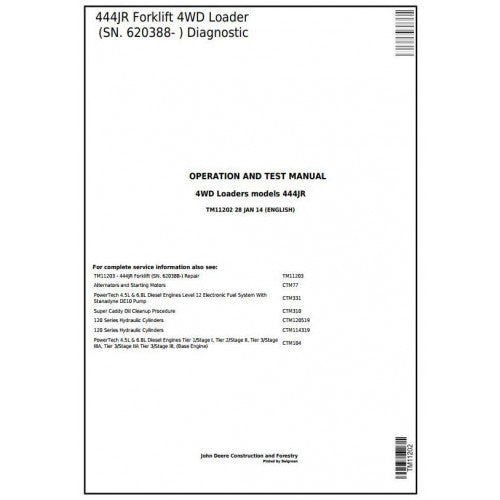 John Deere 444JR Forklift 4WD Loader Pdf Diagnostic, Operation and Tests Service Manual TM11202