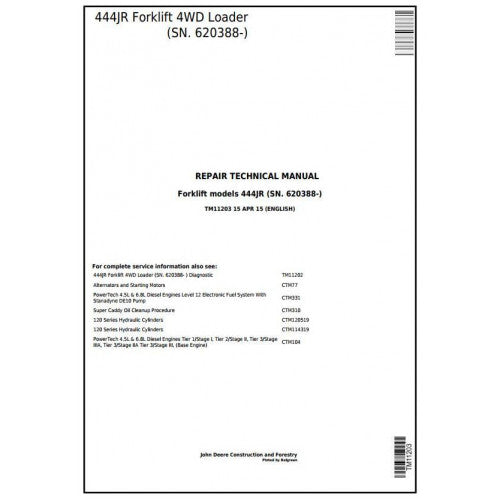 John Deere 444JR Forklift 4WD Loader Pdf Technical Repair Service Manual TM11203